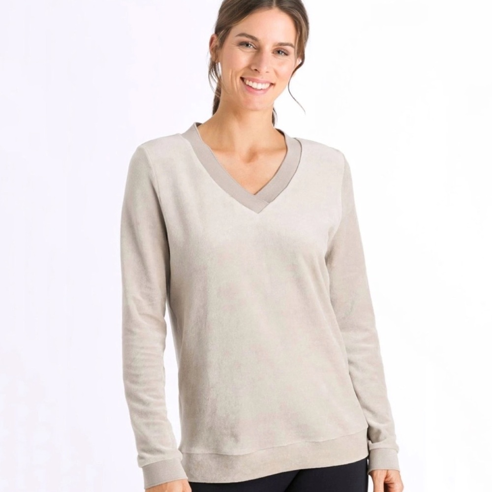 HANRO Favourites Velvet Long-Sleeve Pullover Large Pajama Top Brown Sleep Soft